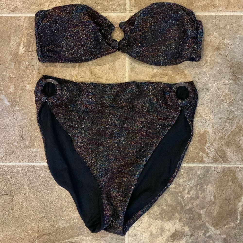 Women Juniors Rainbow Shimmer Sparkle Stretch Strapless Sexy Bikini Swimsuit Set